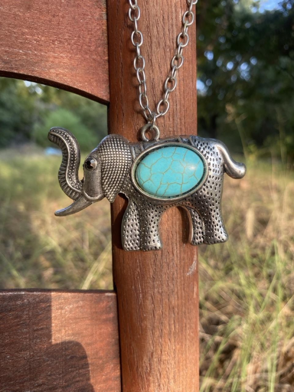 Boho Silver Elephant Pendant Necklace Earrings Set Faux Turquoise Western Chic